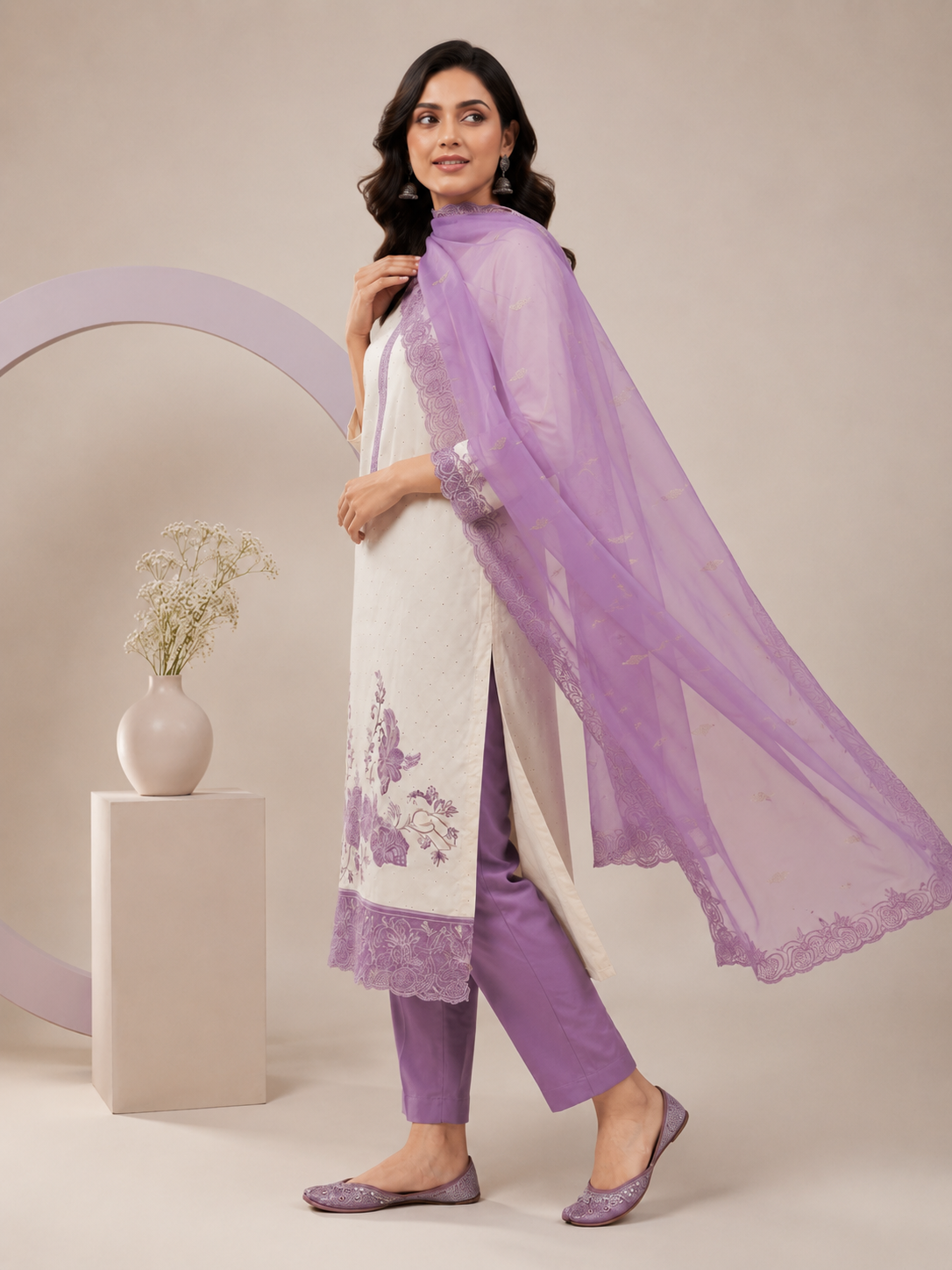 White Blossom Embroidered Designer Suit Set with Organza Dupatta