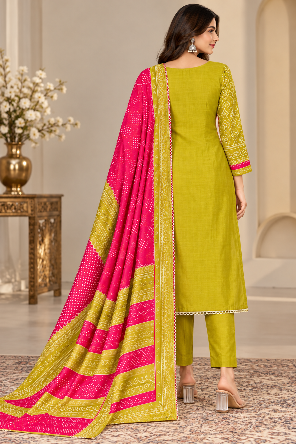A woman models a traditional Indian salwar kameez suit set in a warm beige indoor setting. The outfit features a lime green kameez with heavy gold embroidery on the chest, matching green trousers, and a vibrant pink dupatta with gold borders and stripes.