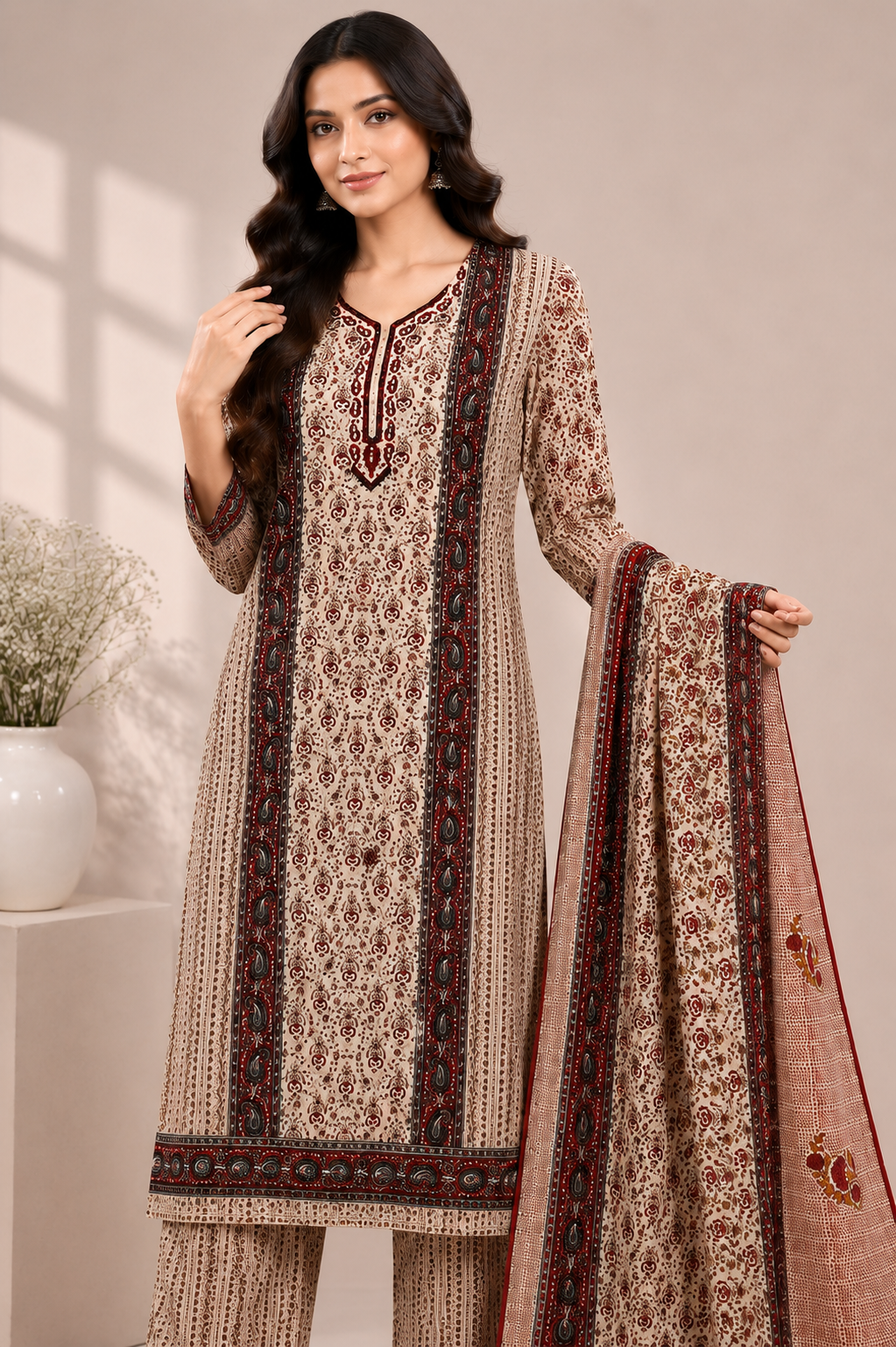 Women’s Brown Printed Unstitched Suit Set with Matching Pants & Printed Dupatta