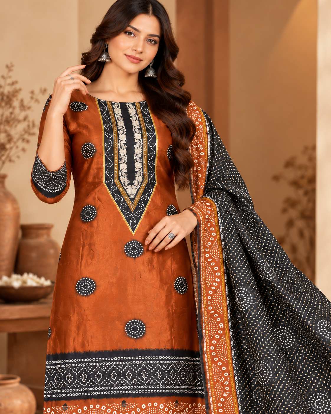 A woman models a traditional Indian salwar kameez suit set in a warm, decorated indoor setting. The set features an orange-brown kurta and trousers with detailed black and white geometric patterns, paired with a black dupatta that has a wide orange patterned border.