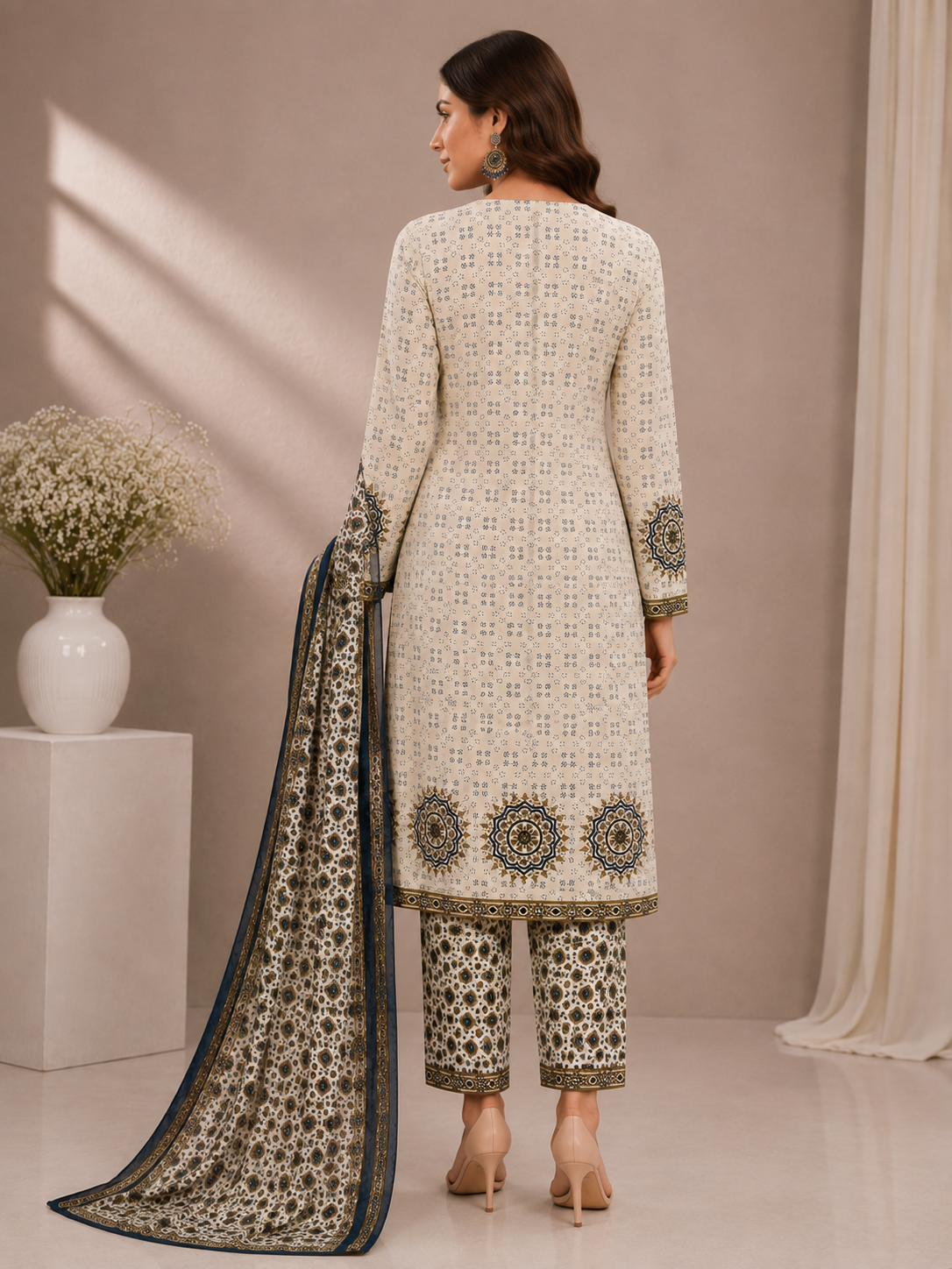 Women’s Cream & Navy Printed Unstitched Suit Set with Matching Pants & Dupatta