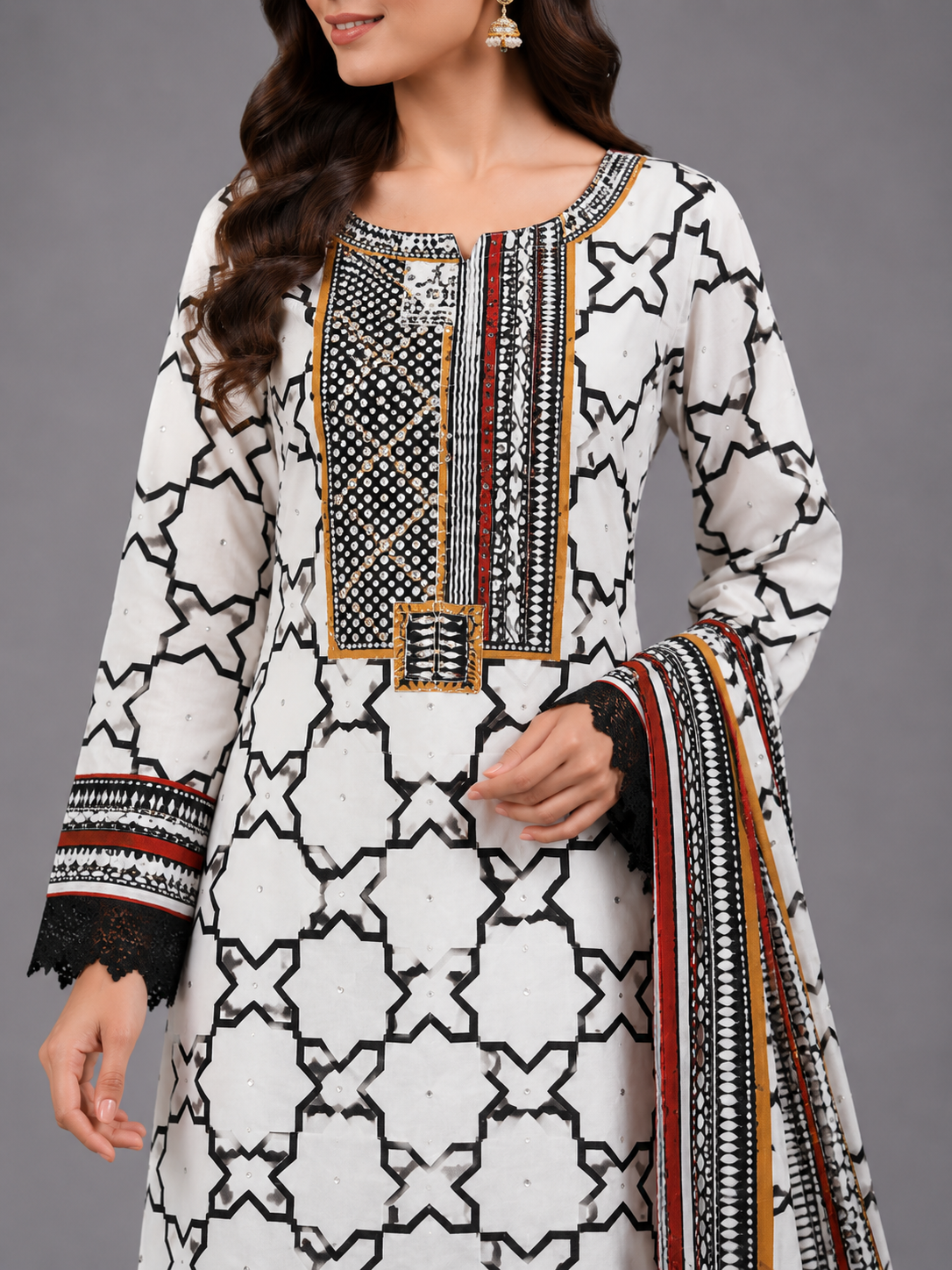 Women Off-White & Black Geometric Printed Unstitched Suit Set with Embroidered Yoke & Lace Border Dupatta