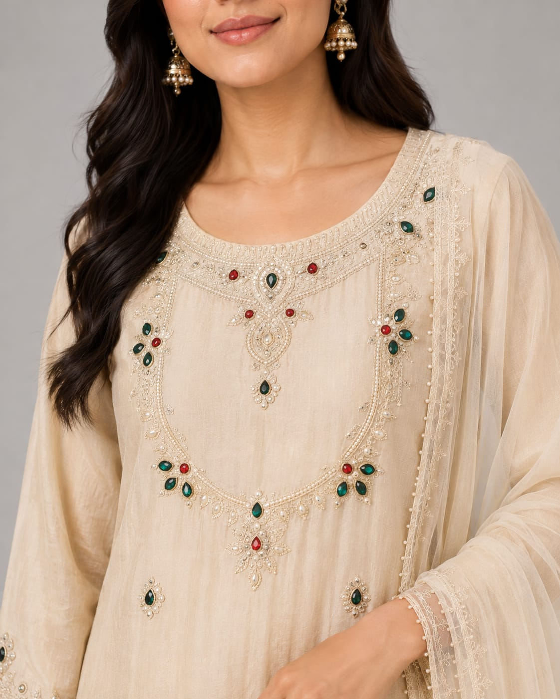 Women’s Ivory Shimmer Silk Embroidered Kurta Pant Set with Dupatta
