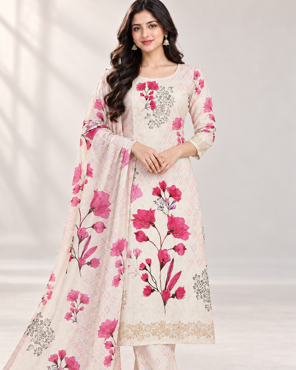 White Floral Printed Suit Set | Designer 3-Piece Salwar Suit with Embroidered Neck & Matching Dupatta