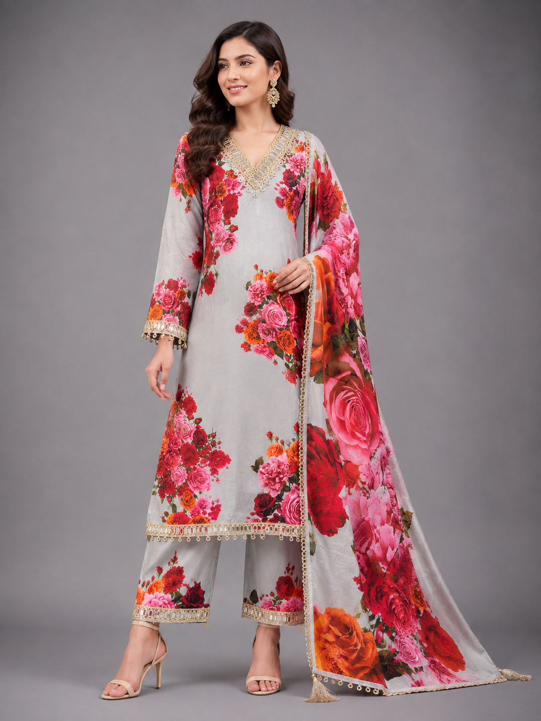 Women Light Grey Floral Printed Unstitched Suit Set with V-Neck Gota Patti Border & Matching Dupatta