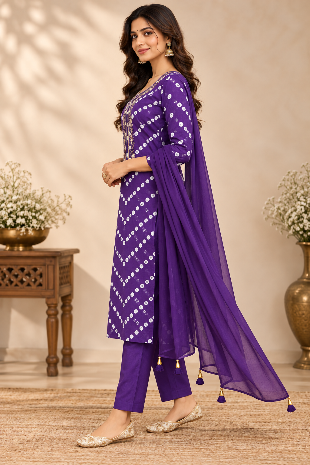 A woman models a purple ethnic salwar kameez suit with white geometric patterns, matching pants, and a sheer dupatta draped over her arm, set against a warm beige background with decorative plants.