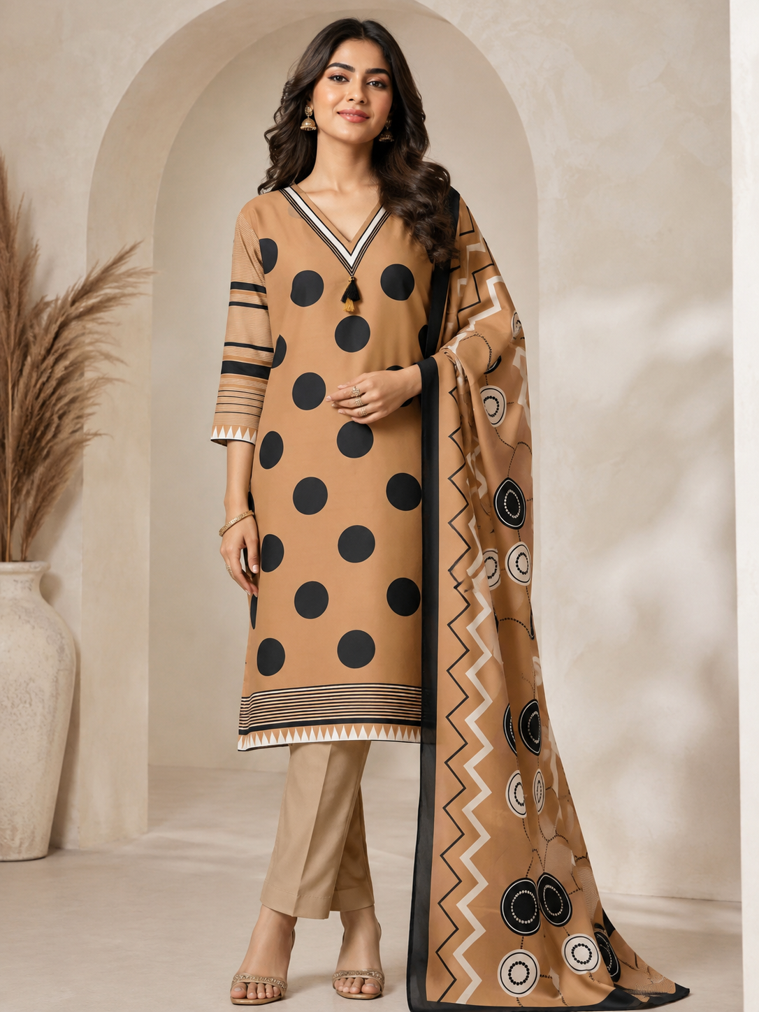 Women’s Brown & Black Polka Dot Printed Rayon Kurta Set with Printed Dupatta