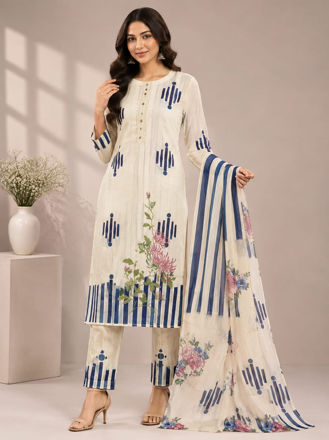 Women’s Sky Blue Printed Jam Satin Unstitched Suit Set with Embroidered Neck, Matching Bottom & Floral Dupatta