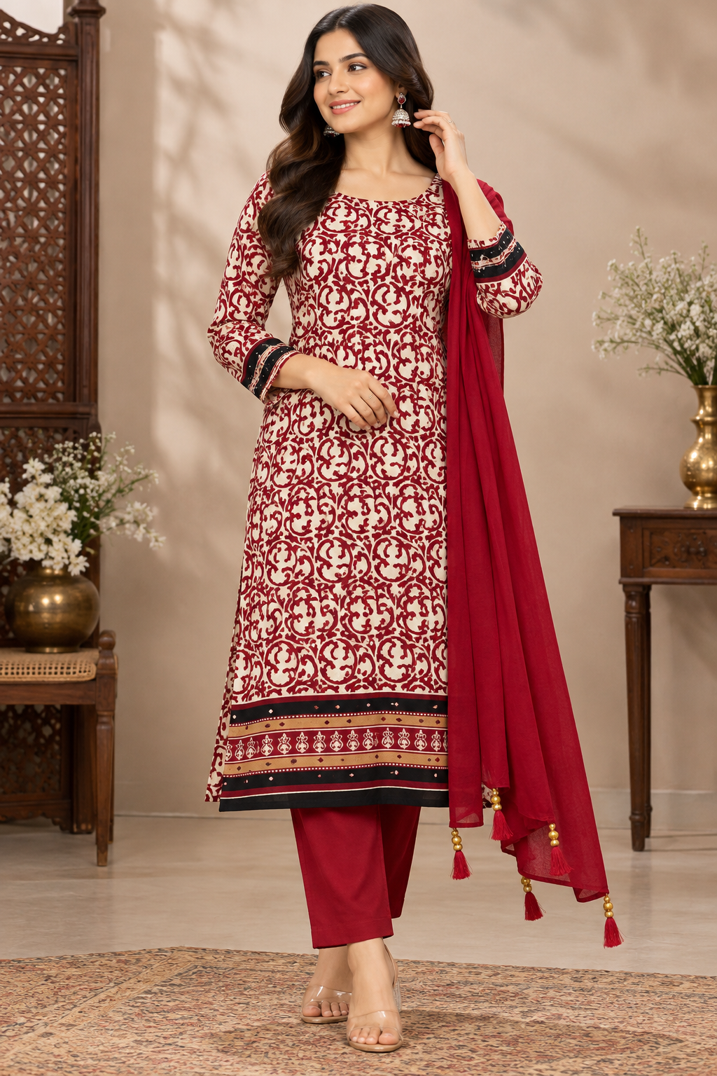 Women’s Cream and Maroon Printed Unstitched Suit Set with Matching Bottom Fabric and Maroon Dupatta | 3 Piece Ethnic Dress Material for Women