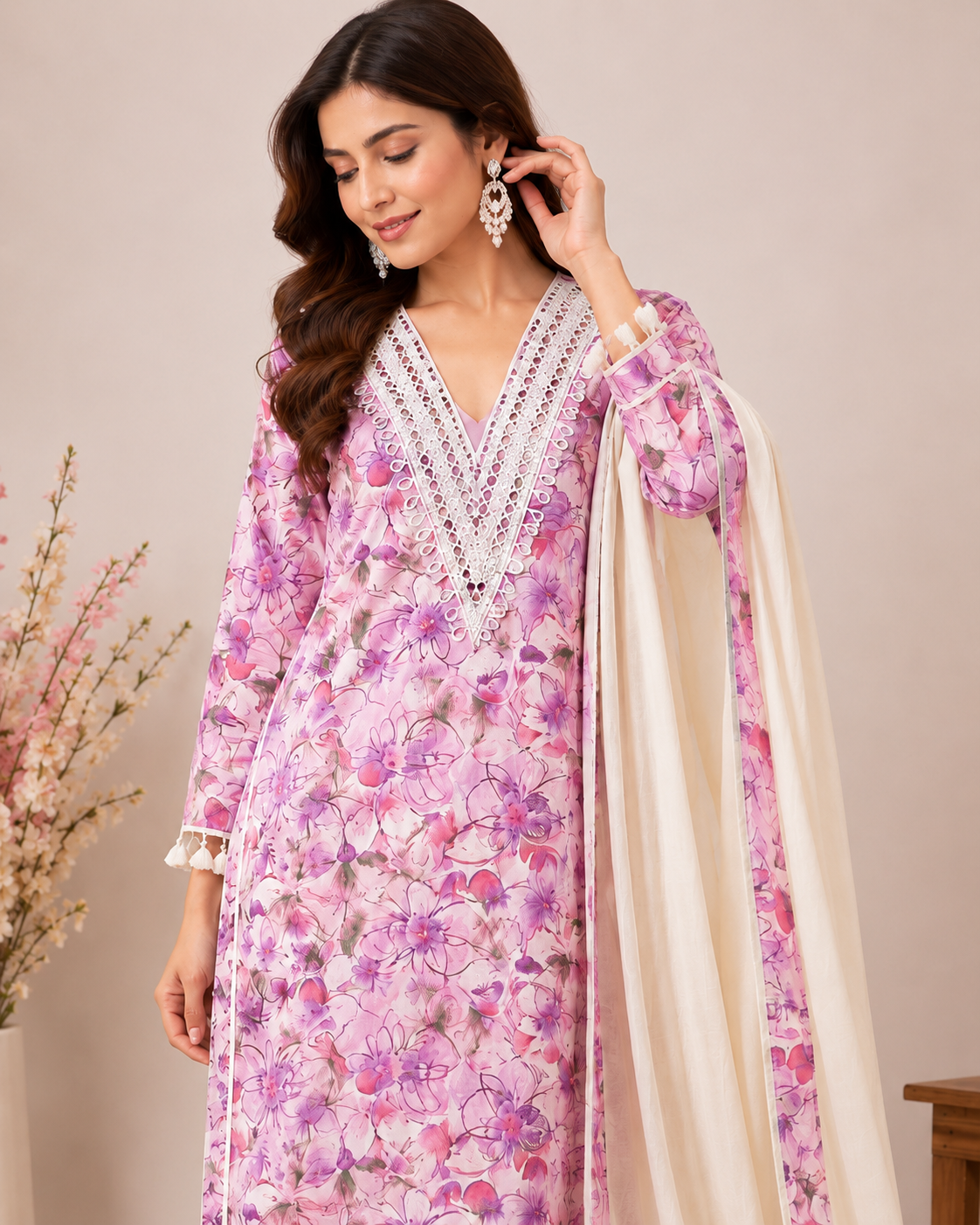 Women’s Lavender Floral Handwork Embroidered Cotton Kurta Set with Dupatta