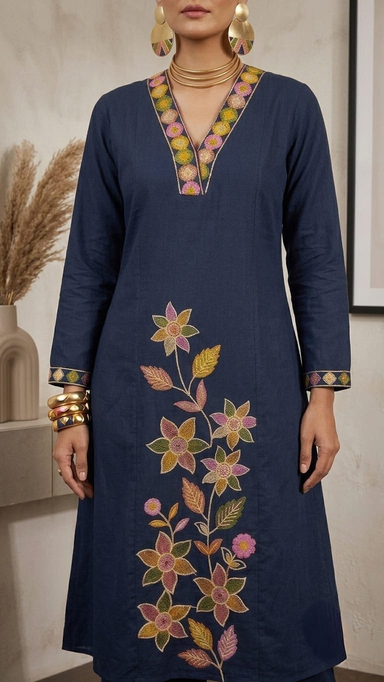Designer Dabu Cotton Blue Co-ord Set With Embroidery work