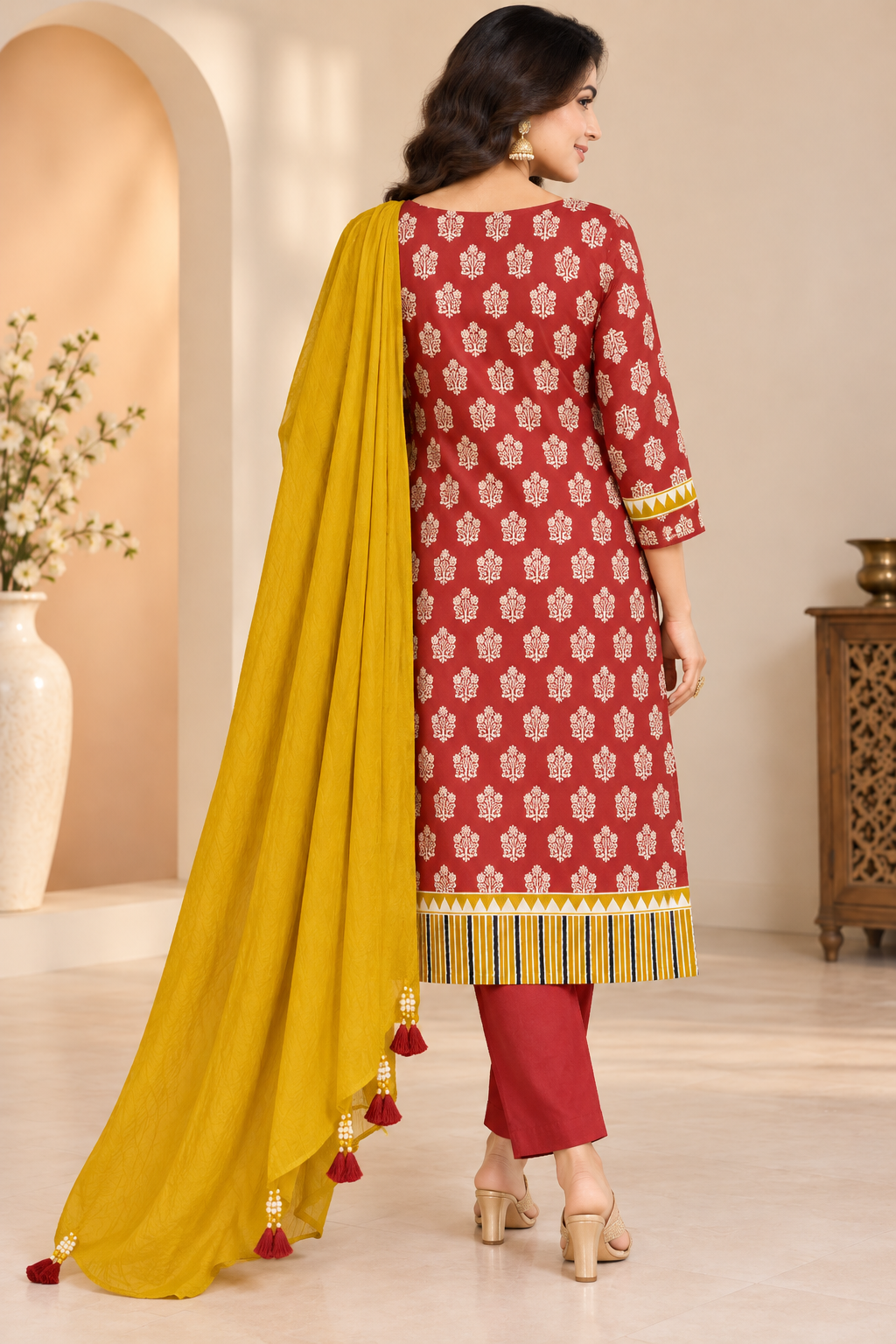 A woman modeling a traditional Indian salwar kameez suit set, featuring a red kurta with white floral prints and a yellow dupatta, paired with red pants, in a warm beige interior setting.