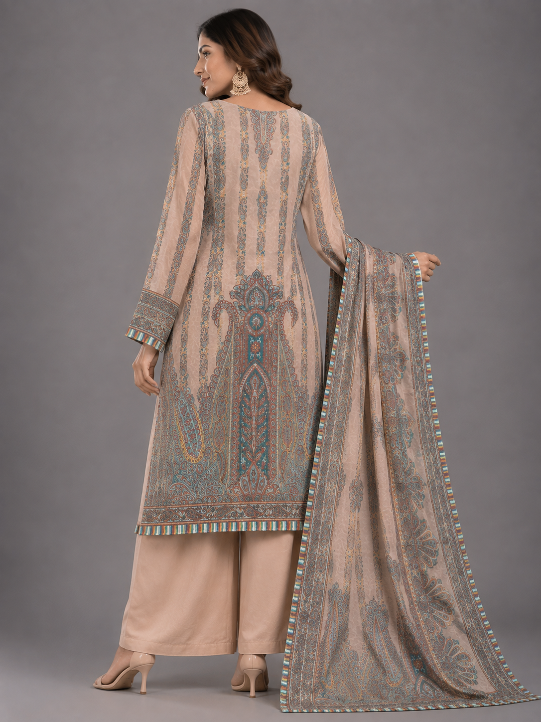 Beige & Teal Kashmiri Paisley Unstitched Suit Set