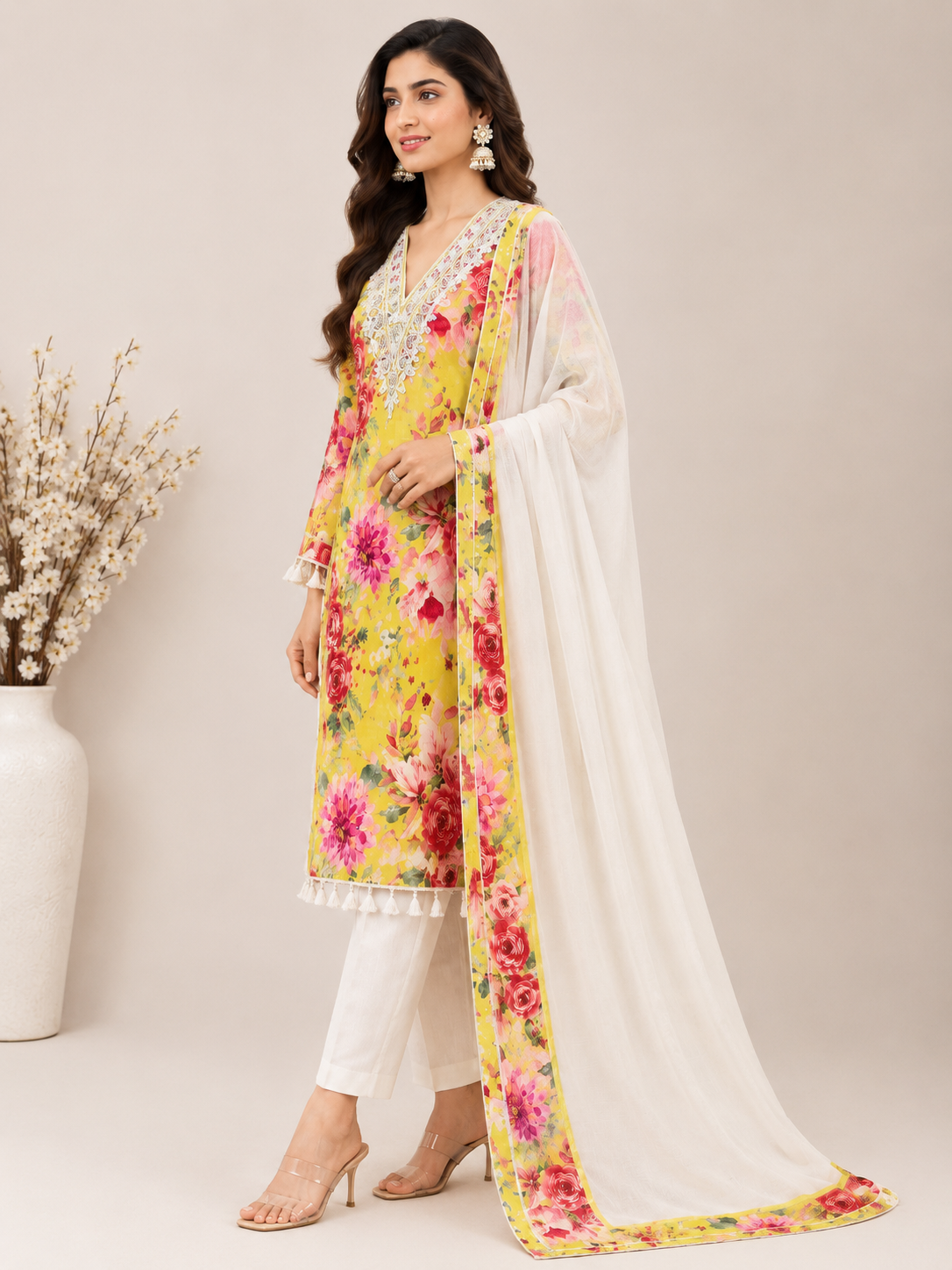 Women’s Yellow Floral Handwork Embroidered Cotton Kurta Set with Dupatta