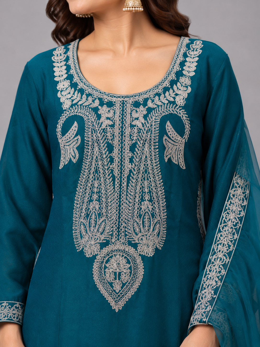 Teal Blue Embroidered Chanderi Silk Suit Set with Organza Dupatta