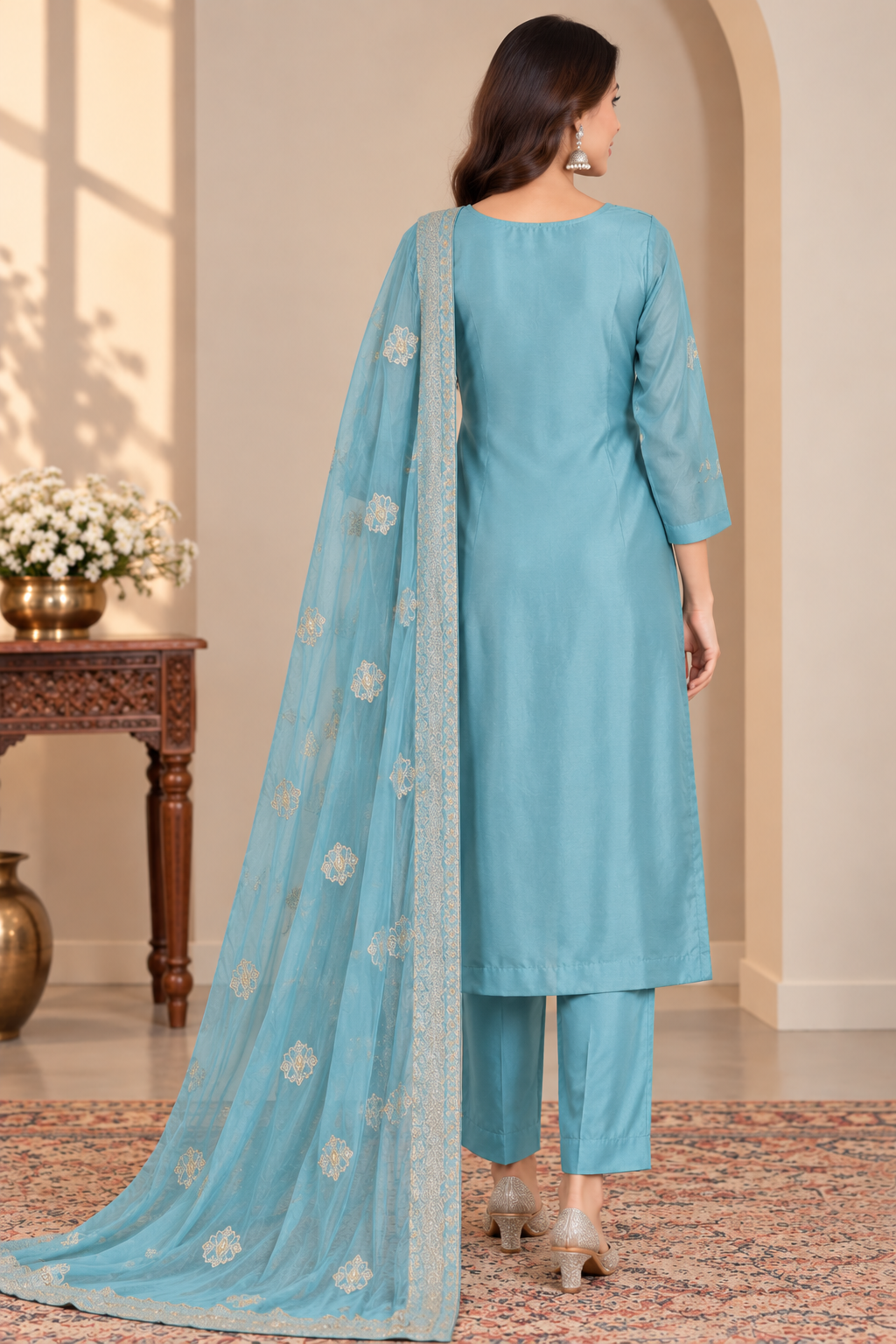 Women Sky Blue Embroidered 3-Piece Suit Set, Floral Embroidery Kurta with Matching Pant & Dupatta