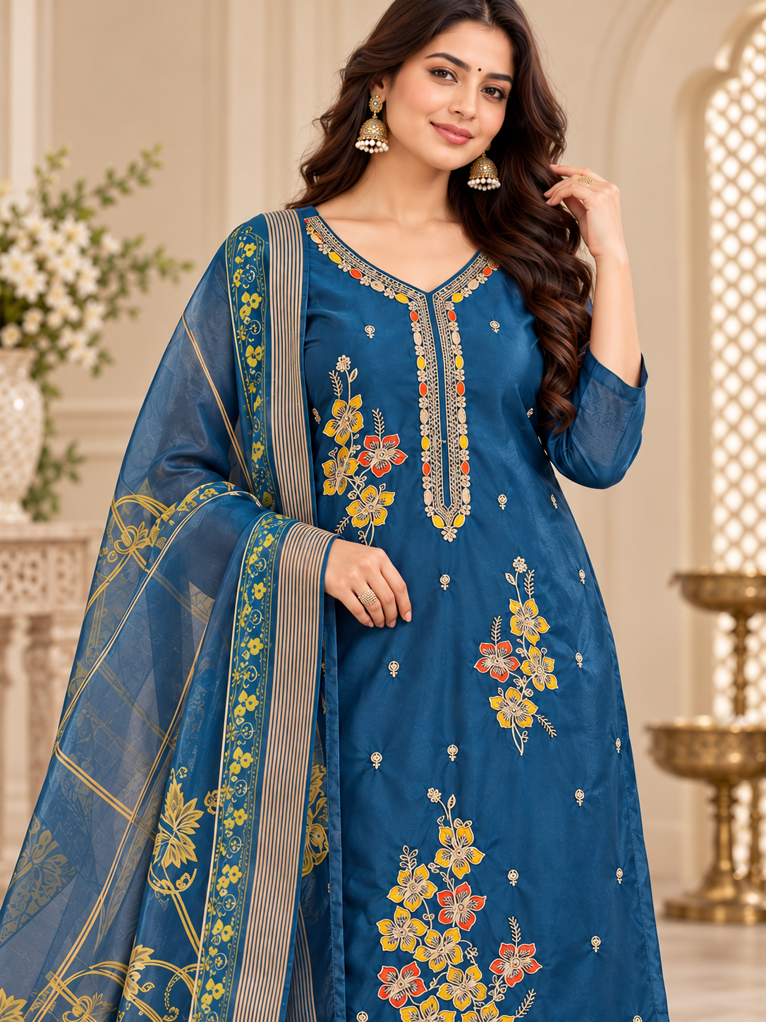 A woman models a traditional Indian salwar kameez suit in blue with gold and multicolor floral embroidery, featuring a matching sheer blue dupatta with gold borders, set against an ornate indoor background.