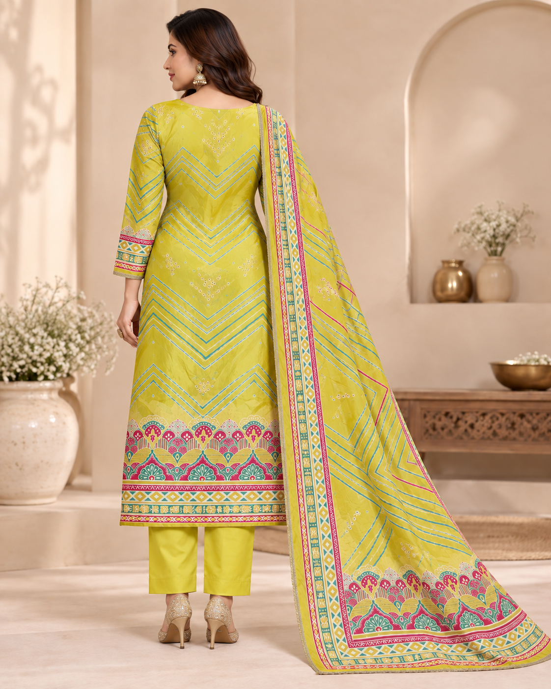 A woman models a traditional Indian salwar kameez suit set in a warm beige interior setting. The set consists of a bright yellow-green kurta with colorful geometric and floral patterns, matching yellow-green trousers, and a coordinating dupatta.