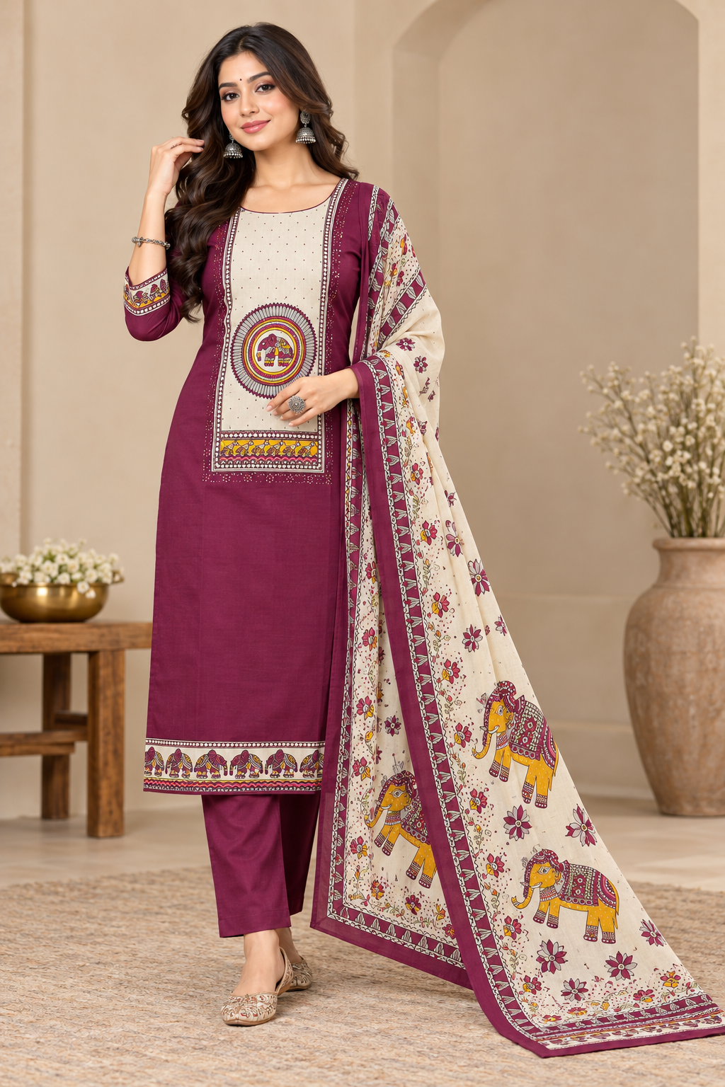 Women’s Magenta and Cream Printed Ethnic Suit Set with Elephant Motif Dupatta | Designer Indian Traditional Wear for Women