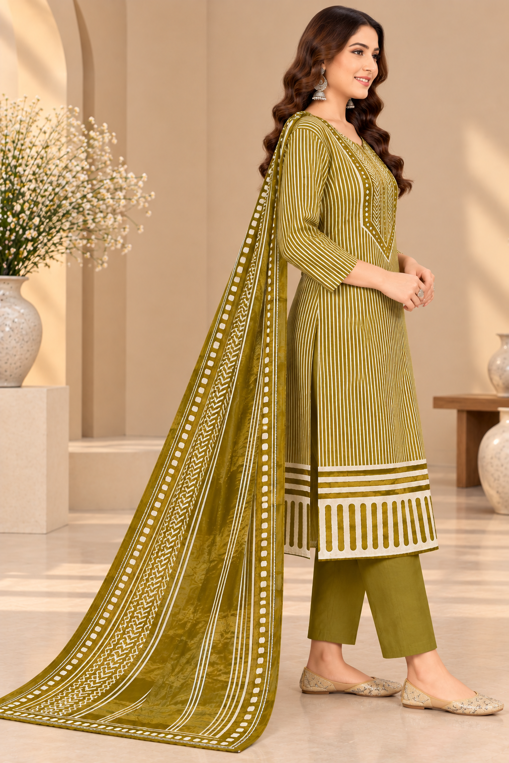 Olive Green Gajji Silk Unstitched Suit Set with Printed Dupatta | Designer Ladies Suit