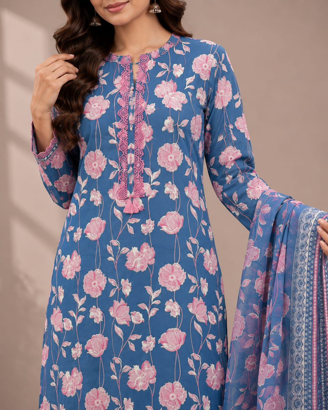 Women’s Blue Floral Printed Jam Satin Unstitched Suit Set with Embroidered Neck, Matching Bottom & Printed Dupatta