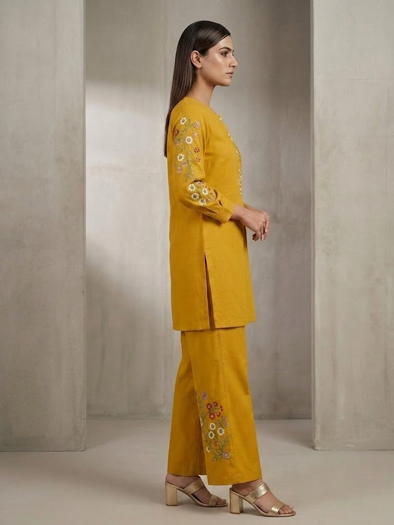 A woman modeling a mustard yellow two-piece kurta and trouser set with colorful floral embroidery on the sleeves and lower pant leg, standing in a minimalist concrete-walled studio.