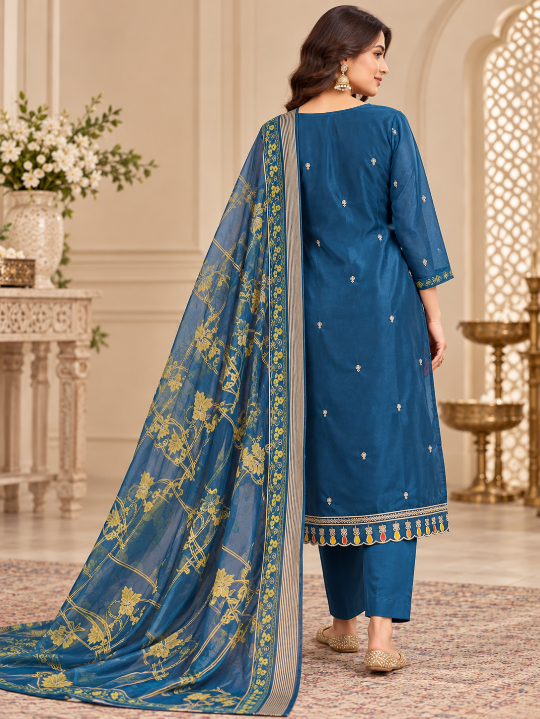 A woman models a traditional Indian salwar kameez suit in blue with gold and multicolor floral embroidery, featuring a matching sheer blue dupatta with gold borders, set against an ornate indoor background.