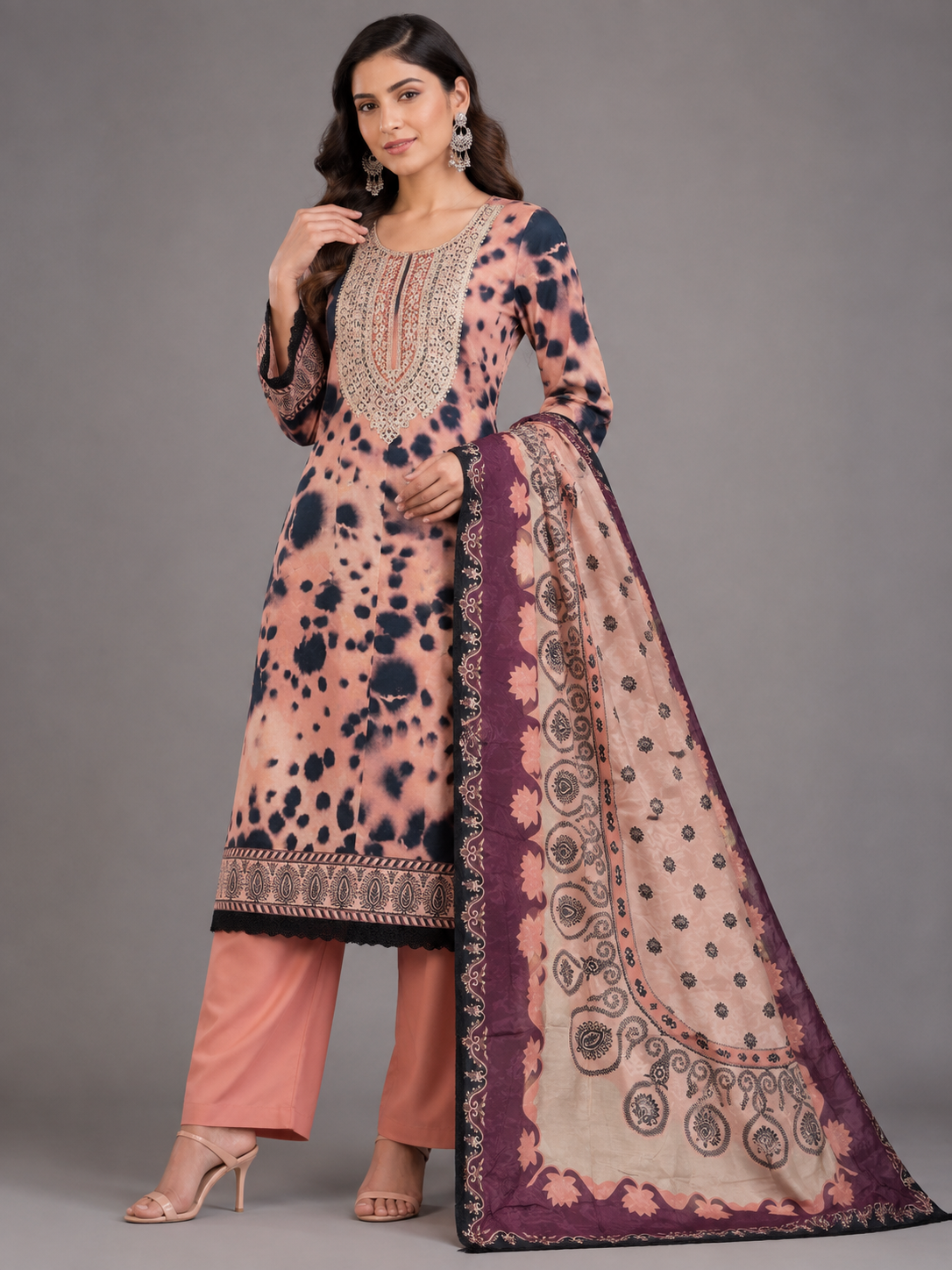 Shibori Print Peach Unstitched Dress Material with Dupatta