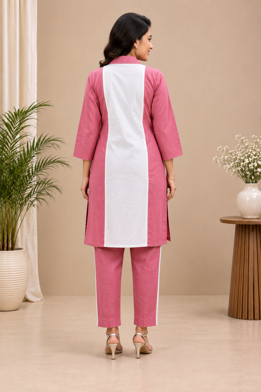 A woman modeling a pink and white kurta set with embroidered rose motifs on the front panel, standing in a styled indoor setting with plants and a side table.