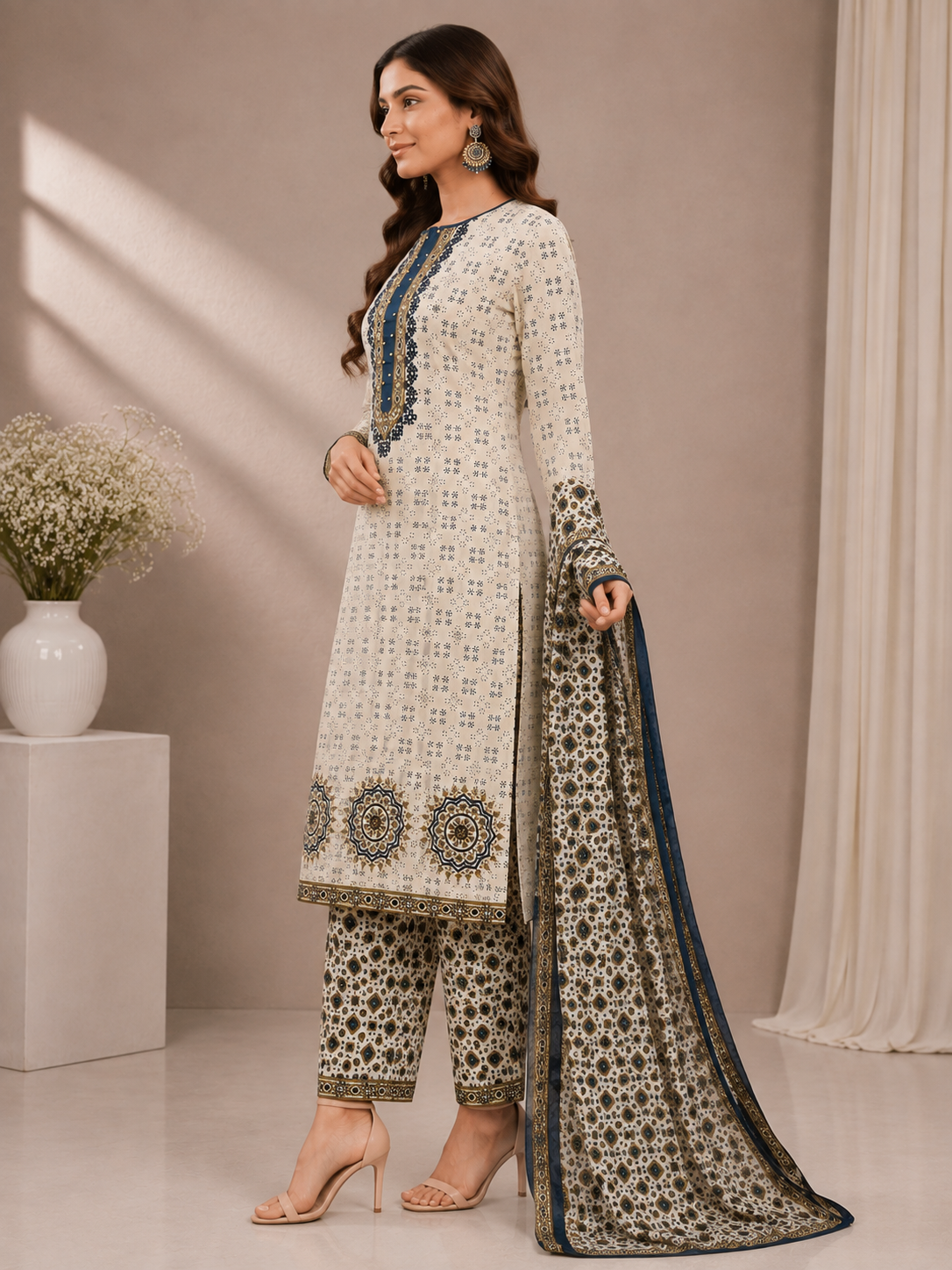 Women’s Cream & Navy Printed Unstitched Suit Set with Matching Pants & Dupatta