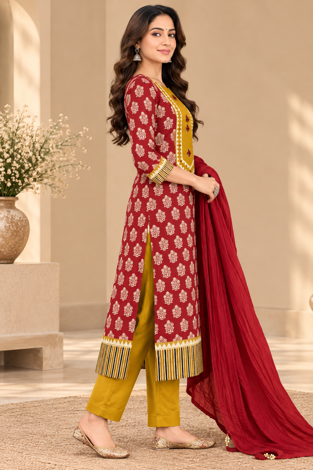A woman models a traditional Indian salwar kameez suit set. The kurta is maroon red with a white floral pattern, featuring a yellow embroidered yoke with red buttons.