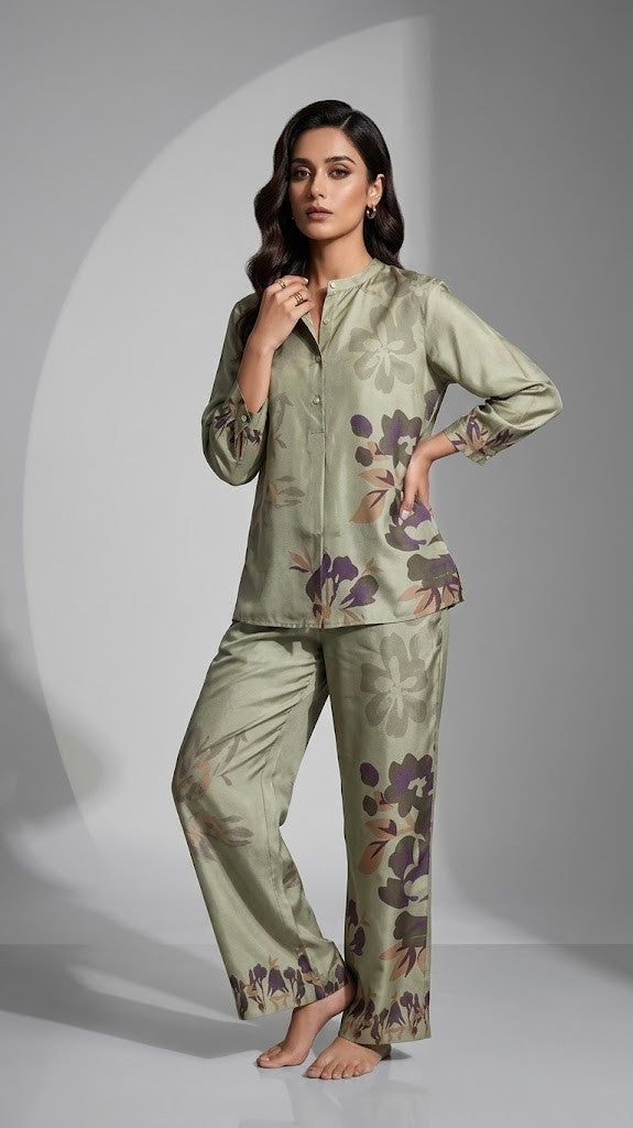 A woman modeling a two-piece satin pajama set in sage green with a floral print, posed against a gray studio background with a circular spotlight effect.
