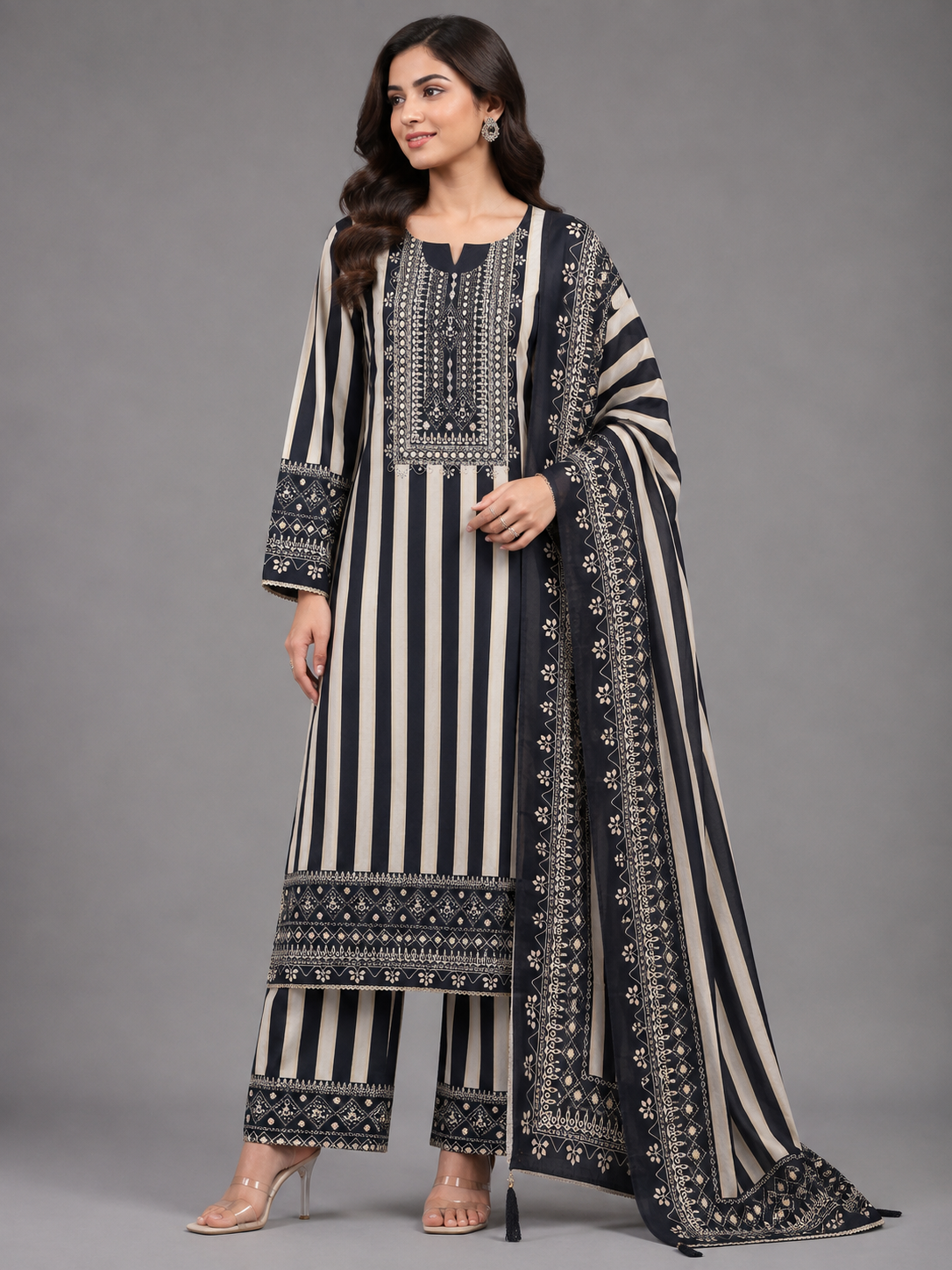 Women Black & Off-White Striped Embroidered Unstitched Suit Set with Matching Dupatta