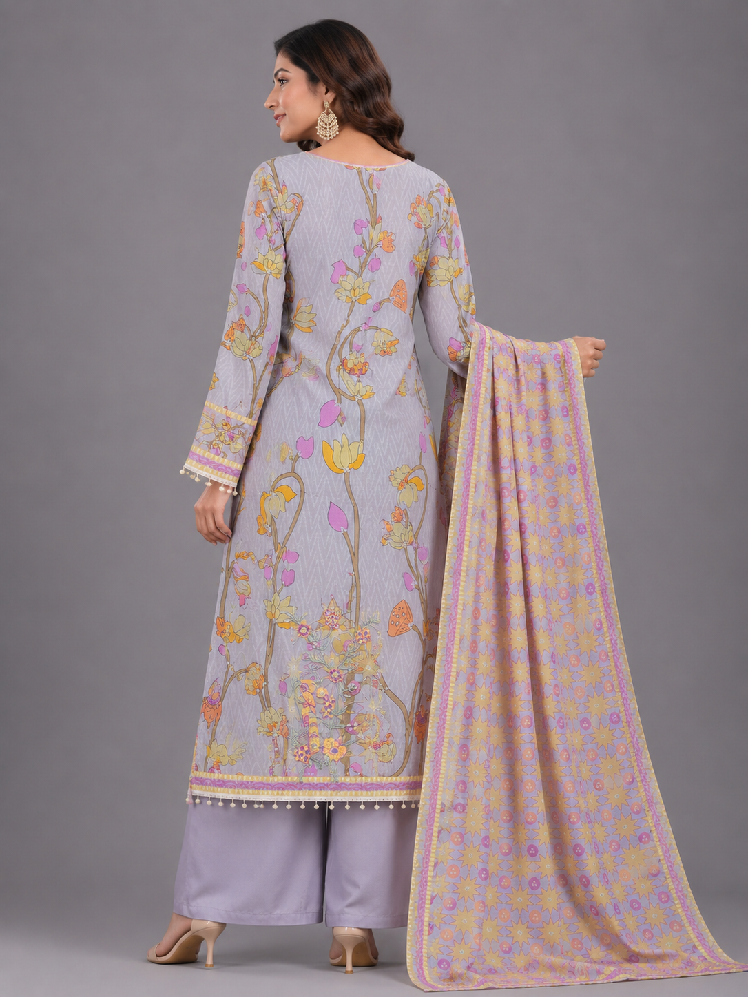 Pastel Lilac & Yellow Printed Unstitched Suit Set