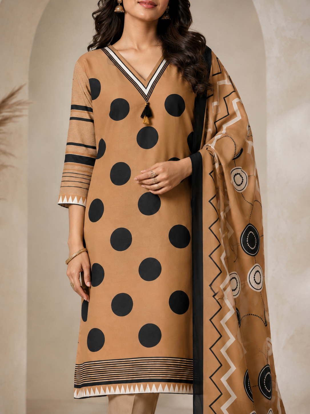 Women’s Brown & Black Polka Dot Printed Rayon Kurta Set with Printed Dupatta