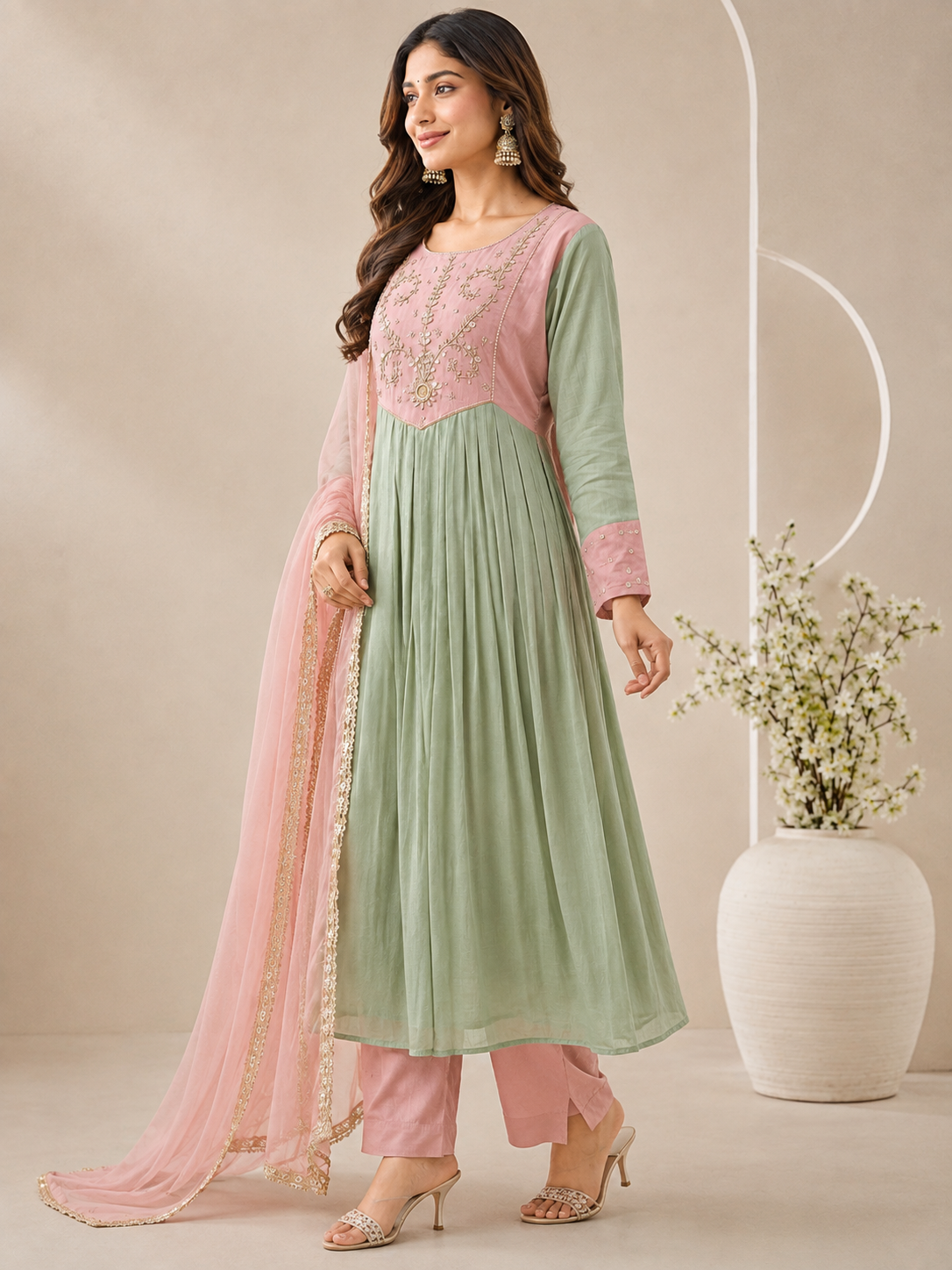 Women’s Pink & Green Alankari Style Embroidered Mul Chanderi Kurta Set with Dupatta