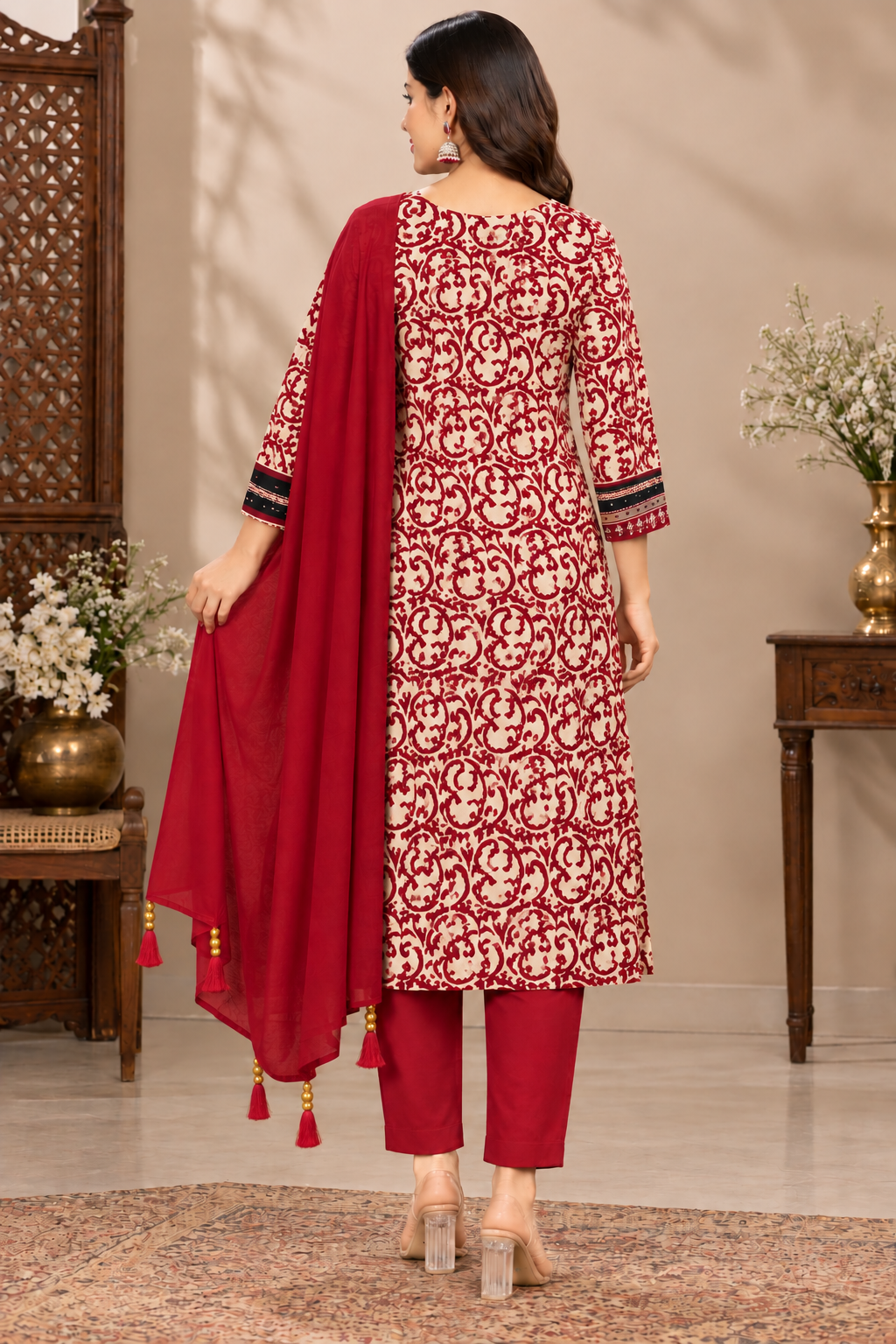 Women’s Cream and Maroon Printed Unstitched Suit Set with Matching Bottom Fabric and Maroon Dupatta | 3 Piece Ethnic Dress Material for Women