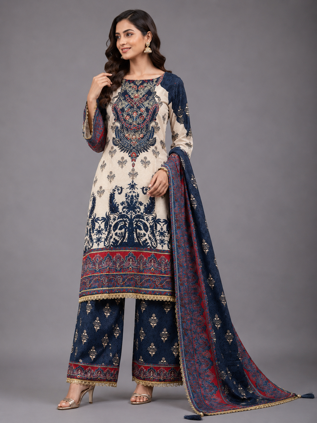 Traditional Navy & Cream Ornamental Printed 3-Piece Unstitched Suit Set with Lace Trims