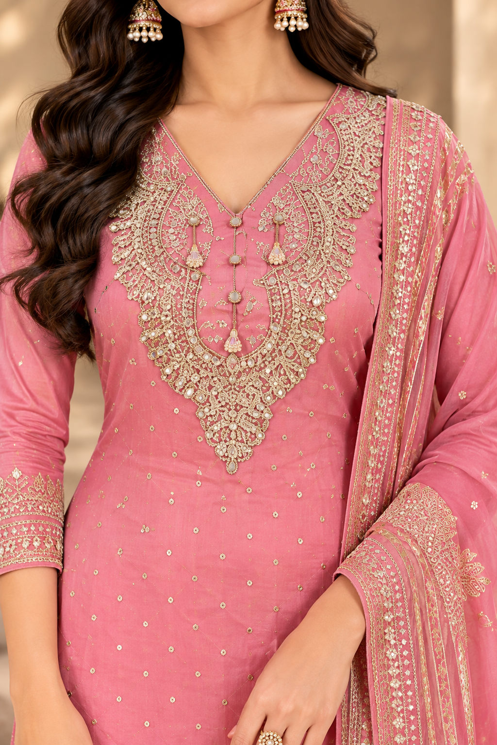 Dusty Pink Designer Unstitched Suit with Embroidered Dupatta | Elegant Ethnic Party Wear Suit