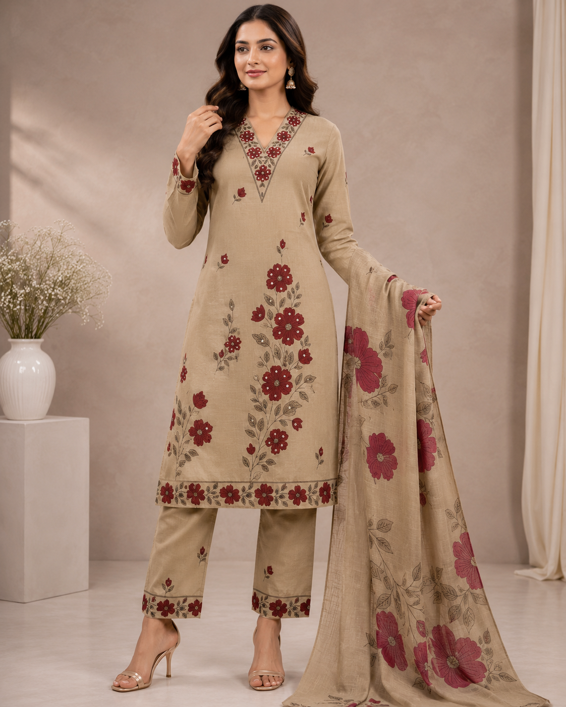 Women’s Beige Floral Printed Jam Satin Unstitched Suit Set with Embroidered Neck, Matching Bottom & Floral Dupatta