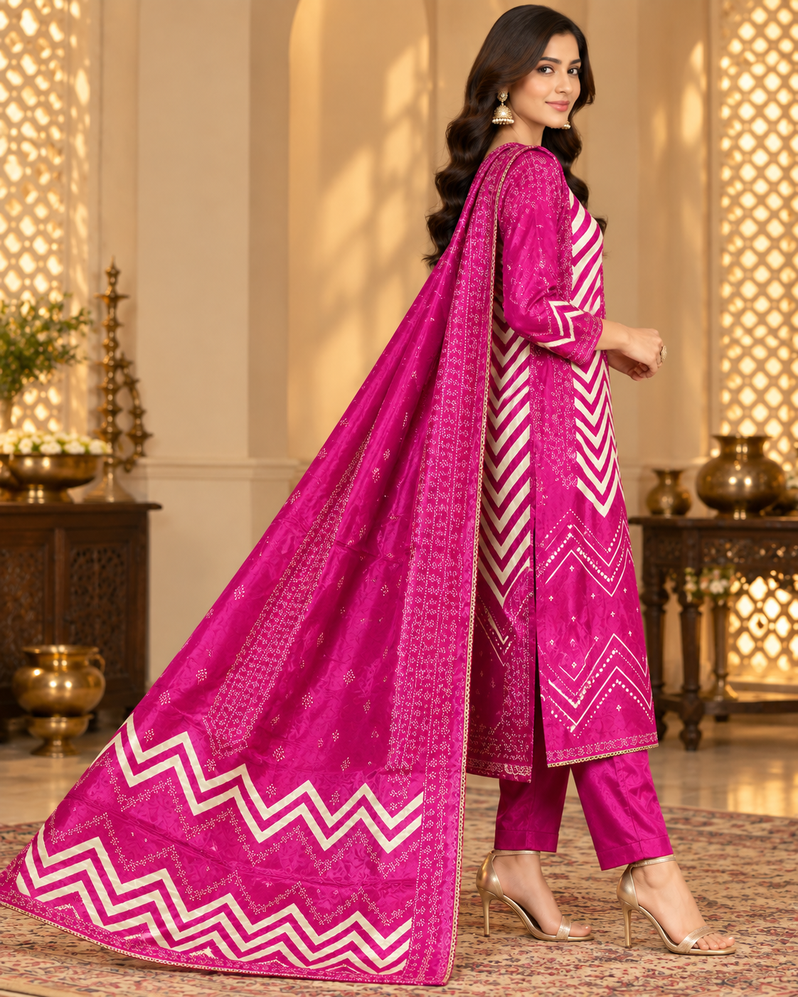 Magenta Pink Chevron Printed Unstitched 3-Piece Suit Set with Matching Dupatta