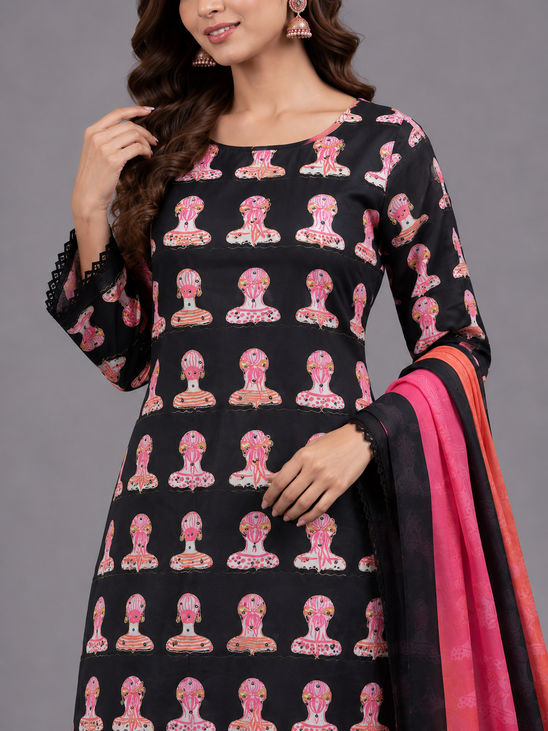 Black Novelty Figurative Printed Cotton Unstitched Kurta Dress Material with Peach & Pink Striped Dupatta