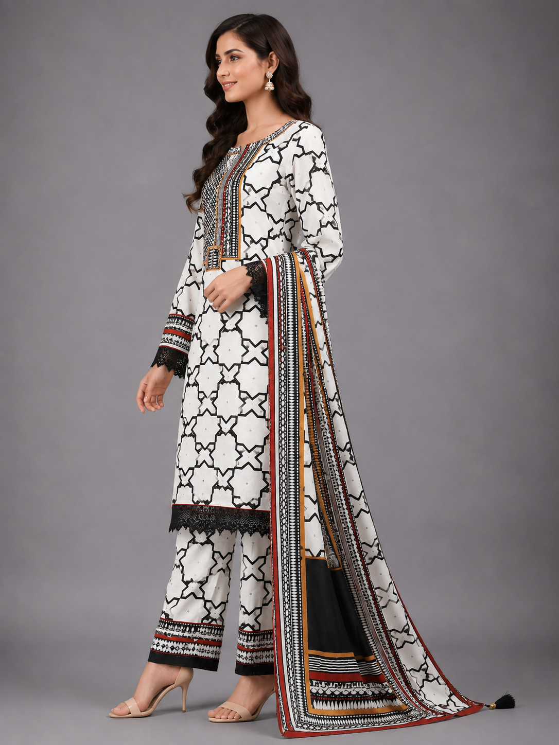 Women Off-White & Black Geometric Printed Unstitched Suit Set with Embroidered Yoke & Lace Border Dupatta