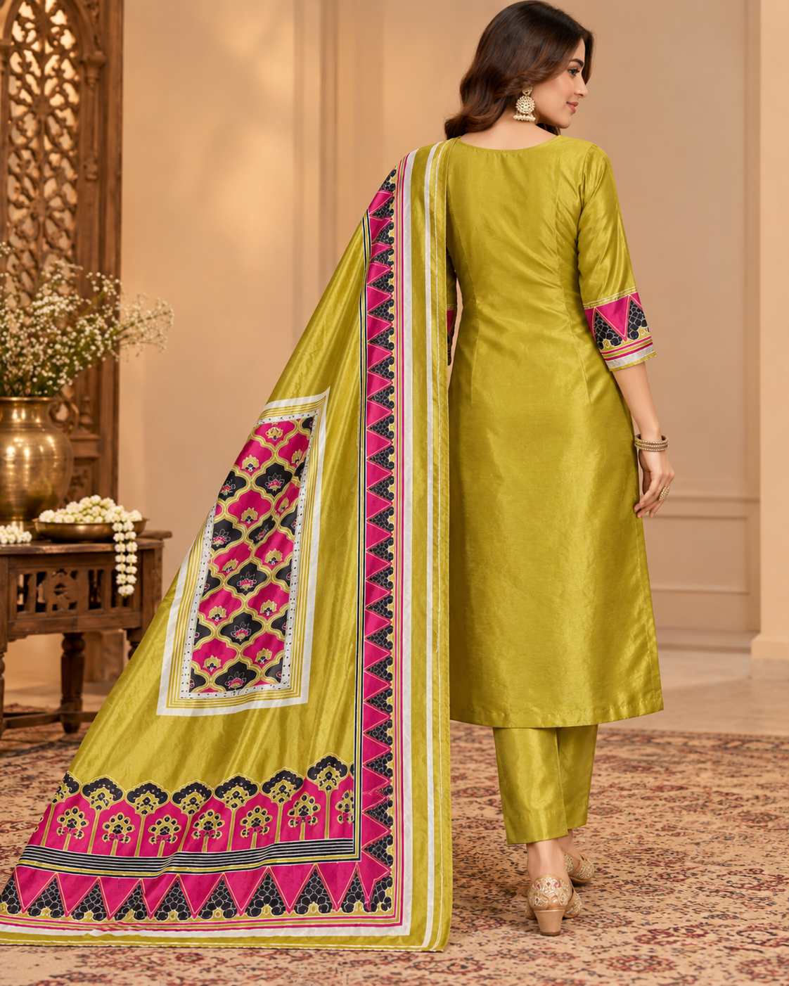 Olive Green & Pink Geometric Printed Unstitched 3-Piece Suit Set with Designer Dupatta