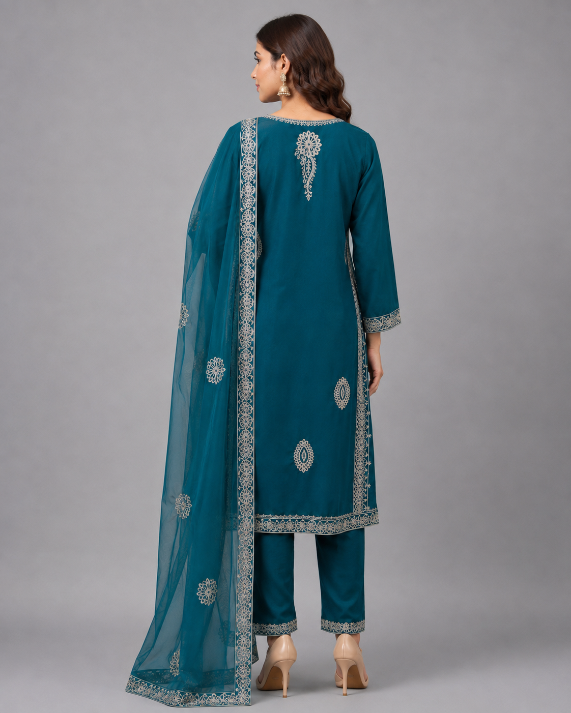 Teal Blue Embroidered Chanderi Silk Suit Set with Organza Dupatta