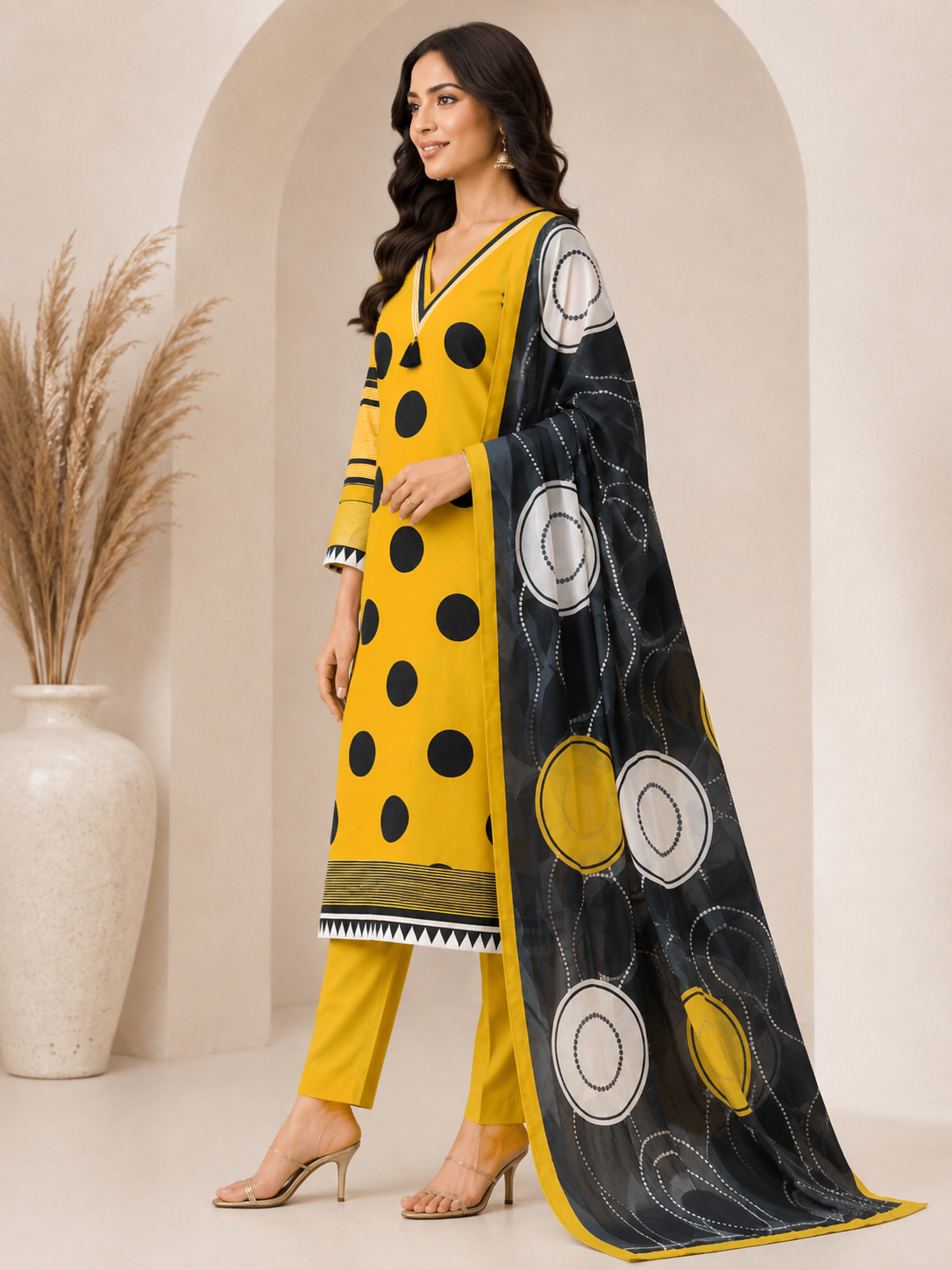 Women’s Mustard Yellow & Black Polka Dot Printed Rayon Kurta Set with Dupatta
