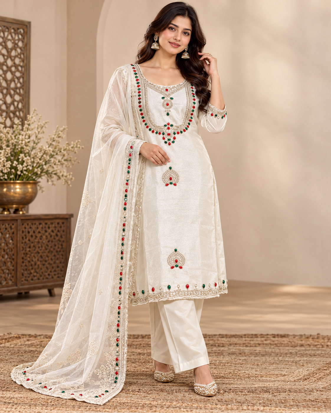 Elegant White Embroidered Readymade Suit Set with Matching Bottom & Dupatta | Party Wear Salwar Suit for Women