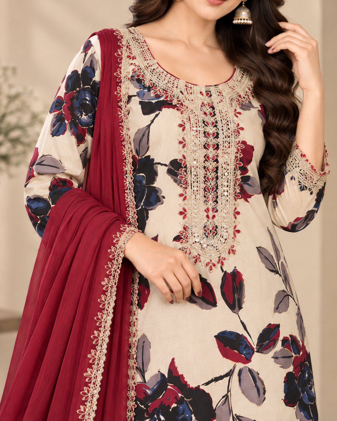 Women’s Floral Printed Ethnic Suit Material with Embroidered Neck Design