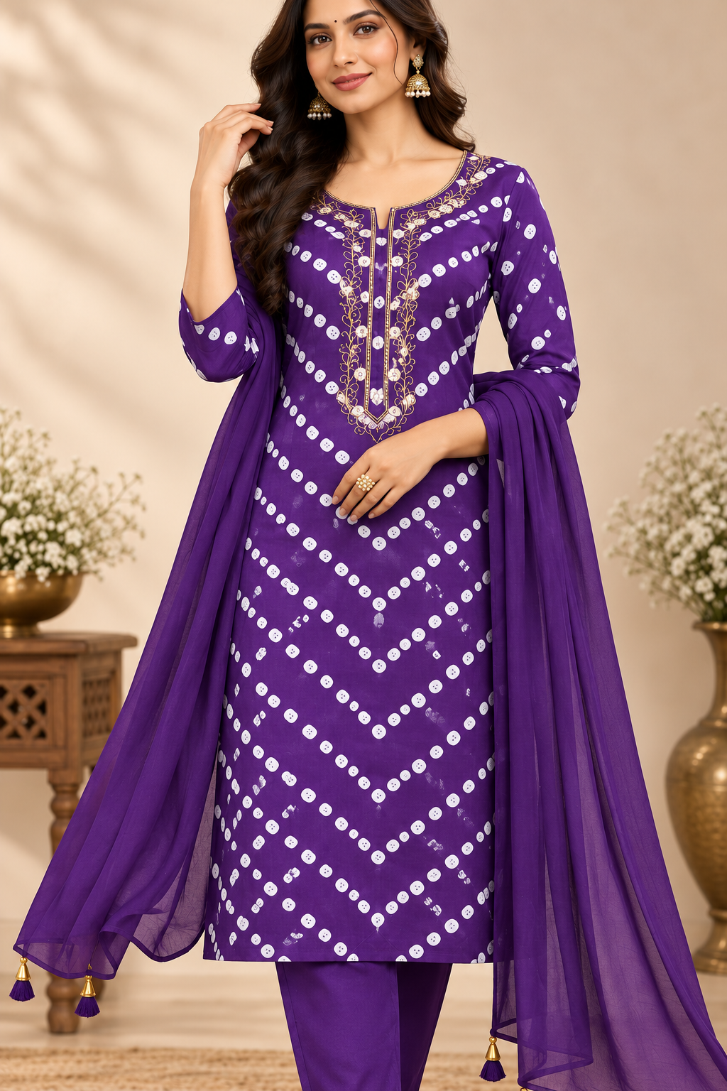 A woman models a purple ethnic salwar kameez suit with white geometric patterns, matching pants, and a sheer dupatta draped over her arm, set against a warm beige background with decorative plants.