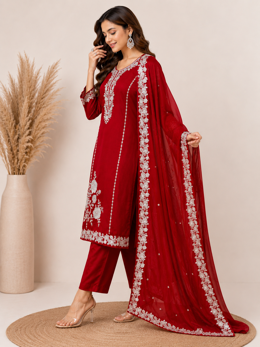 Women’s Maroon Red Handwork Embroidered Mul Chanderi Kurta Set with Dupatta